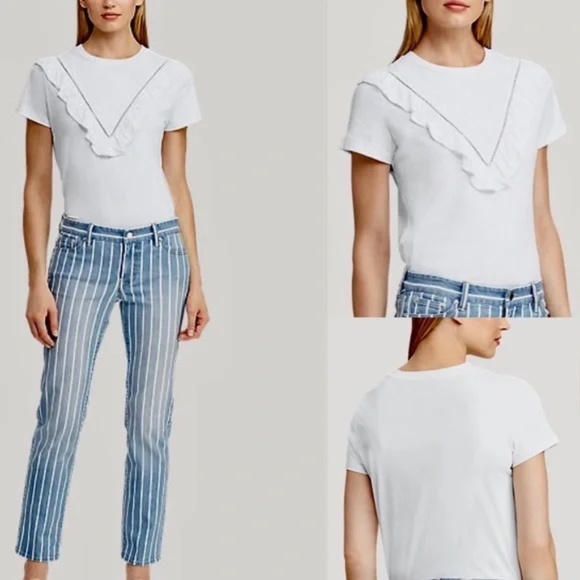 Lauren Ralph Lauren Eyelet Ruffle Trim Feminine Cotton White Tee Size L - Picture 1 of 10